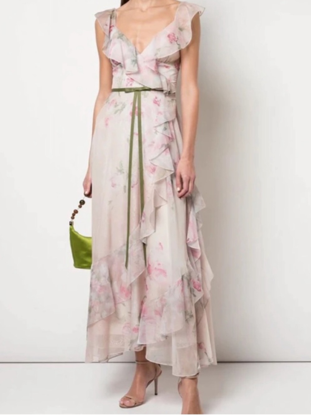 Marchesa Note Pink Floral Ruffled Midi Dress with Olive Waist Tie - Picture 1 of 8
